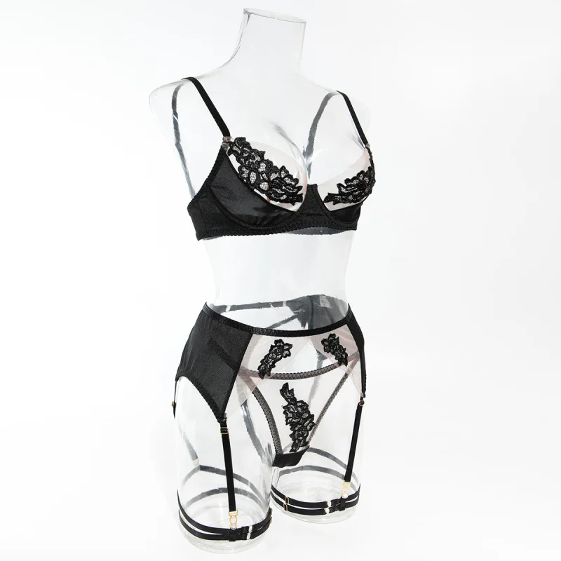

2025 French Style Sexy Three-Piece Transparent Lingerie Set with Mesh, Embroidery, Patchwork, Push-Up Bra, and Thong qqny0003