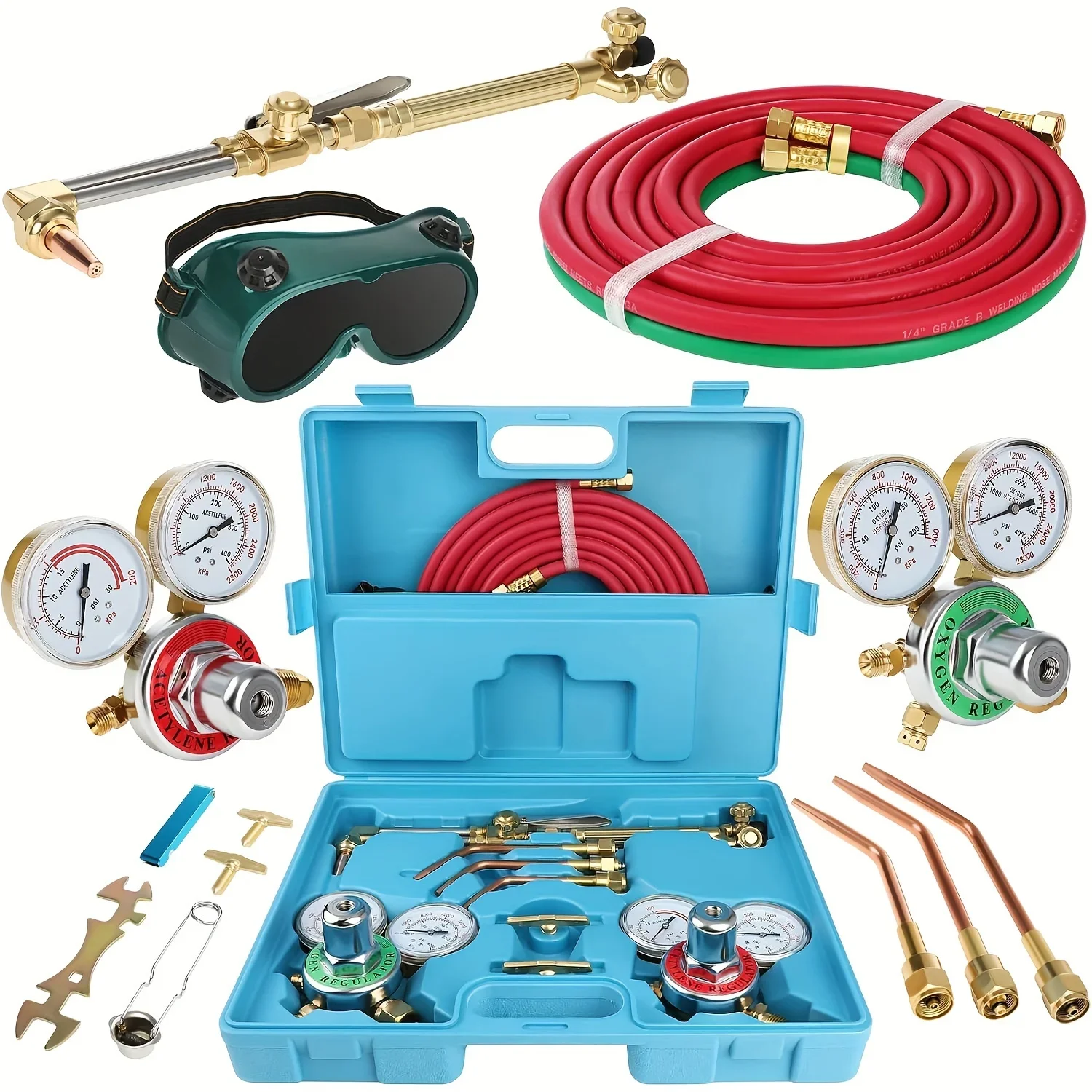 Professional Portable Oxy Brazing Kit - Cutting Welding Torch Set with Oxygen, Acetylene Gas, Two Hose, Regulator for Welder