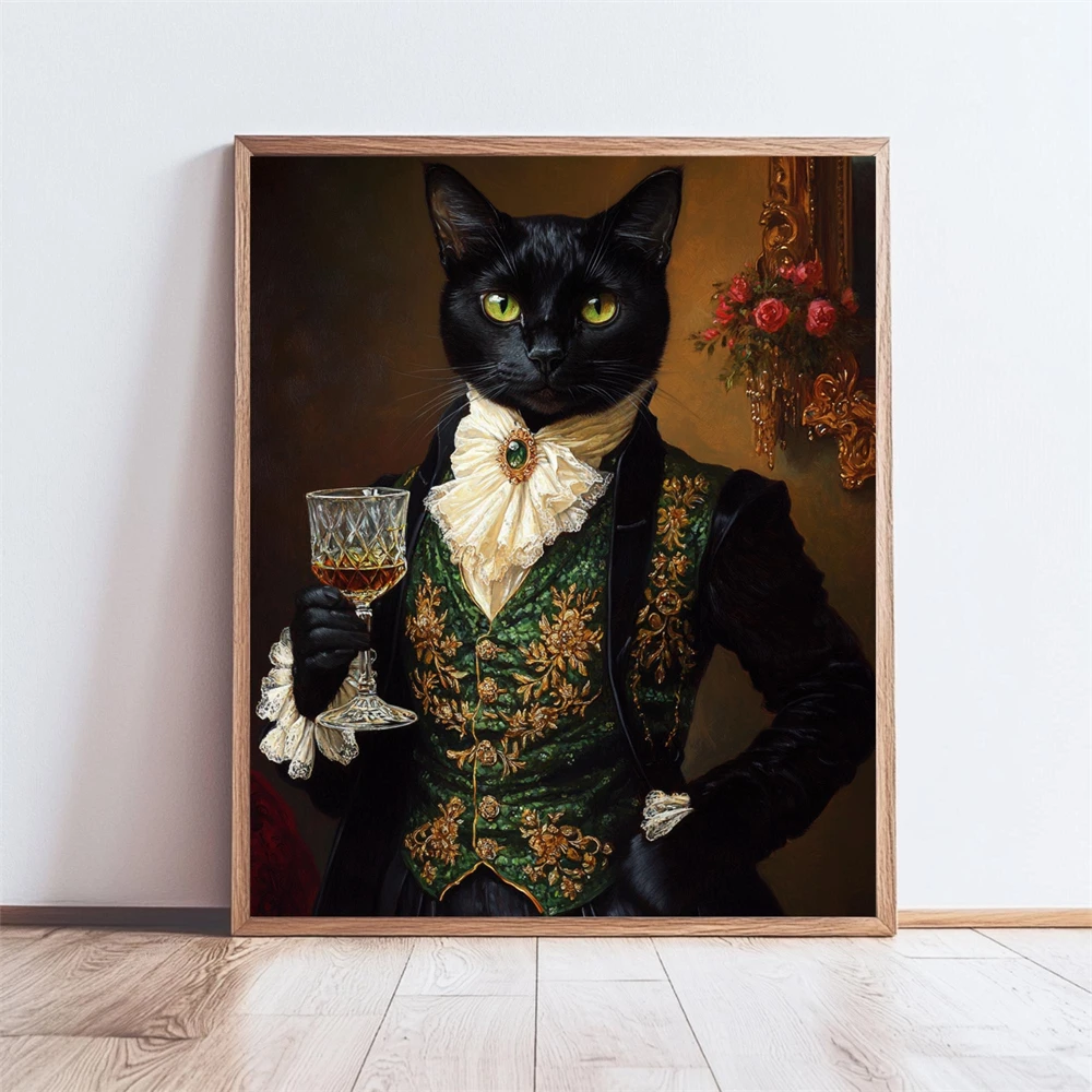 

Black Cat Wine Print Poster Bar Cart Decor Moody Wine Canvas Painting Quirky Animal Wall Victorian Cat Print Kitchen Decoration