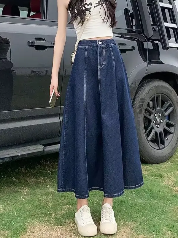 

High Waist A-Line Midi Skirt Women's plus Size Elastic Waist Denim Skirt Summer Faion Versatile Loose Fit Umbrella Skirt