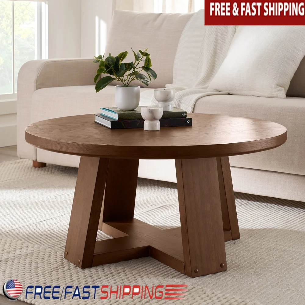 

Журнальный столик из орехового дерева с круглым верхом, прочное инженерное дерево, простая сборка, стильное X-образное основание, домашний декор для гостиной, офиса