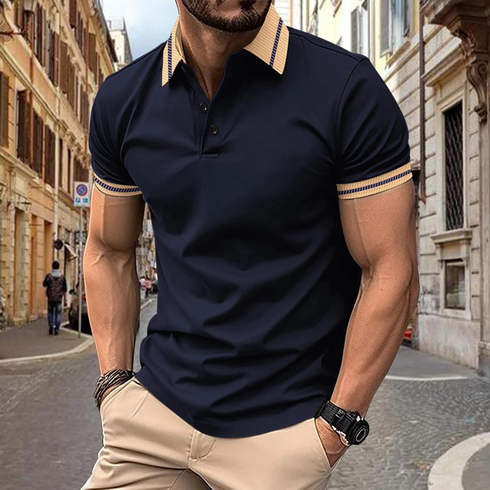 Camicia POLO Amazon estiva europea e americana da uomo con bottoni abbinati ai colori, polo sportiva da uomo con risvolto