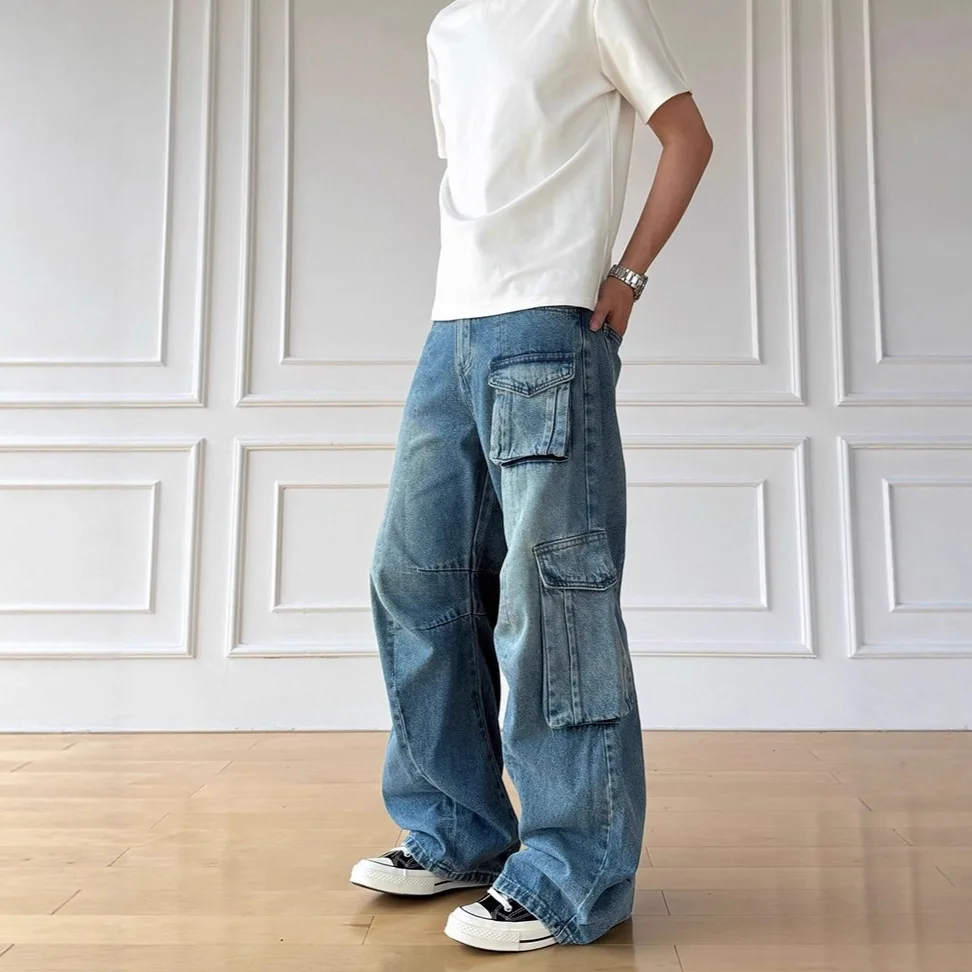 American Vintage New Men's Blue Solid Color Washed Multi Pocket Casual Trendy Basic Simple Wide Leg Denim Trousers Male Jeans