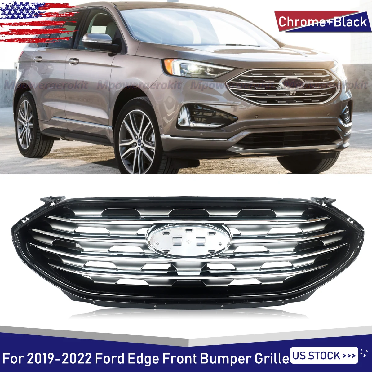 

SAIQINGSP 1Pcs Front Bumper Upper Grille Grill fit for 2019-2022 Ford Edge Chrome Bar & Black Surround Car Accessories Tools