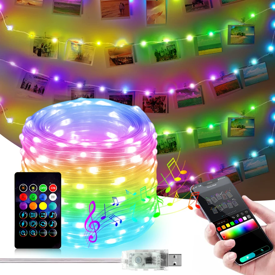 1m-50m LED Fairy Lights 5V USB Bluetooth Smart String Light RGBIC Dream Color DIY Changing Rainbow Lights for Room Party Decor