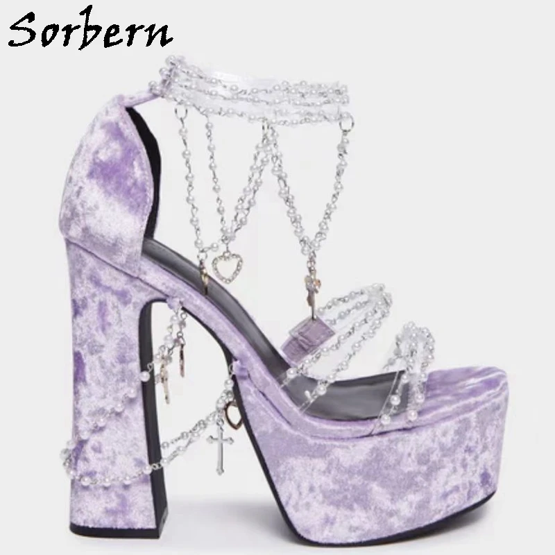 Sorbern Blush Pink Velvet Sandals Beadings Ankle Straps Summer Style Shoes Block High Heel With Charmings Custom Colorss