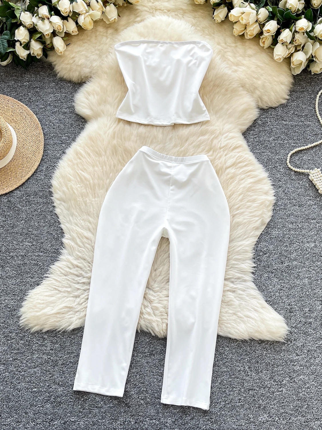 طقم نسائي مثير من قطعتين للتنحيف، موضة صيفية بدون أكمام، توب أنبوبي وبنطلون عالي الخصر، أسلوب كاجوال للتنقل اليومي #4