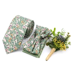 New Floral 100% Cotton 6.5cm Tie Set Bowtie Pocket Square Sage Green Men Hot Wedding Party Suit Quality Cravat Gift Accessory