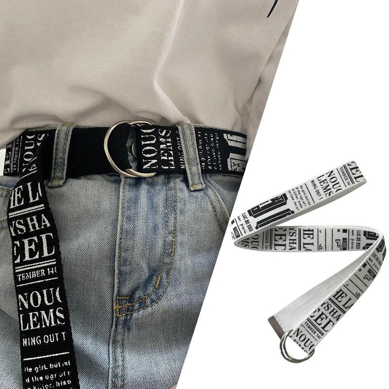 Dubbele Gesp Brief Bedrukt Canvas Tailleband Voor Dames En Heren Eenvoudige En Modieuze Jeans Met Riem Decoratie
