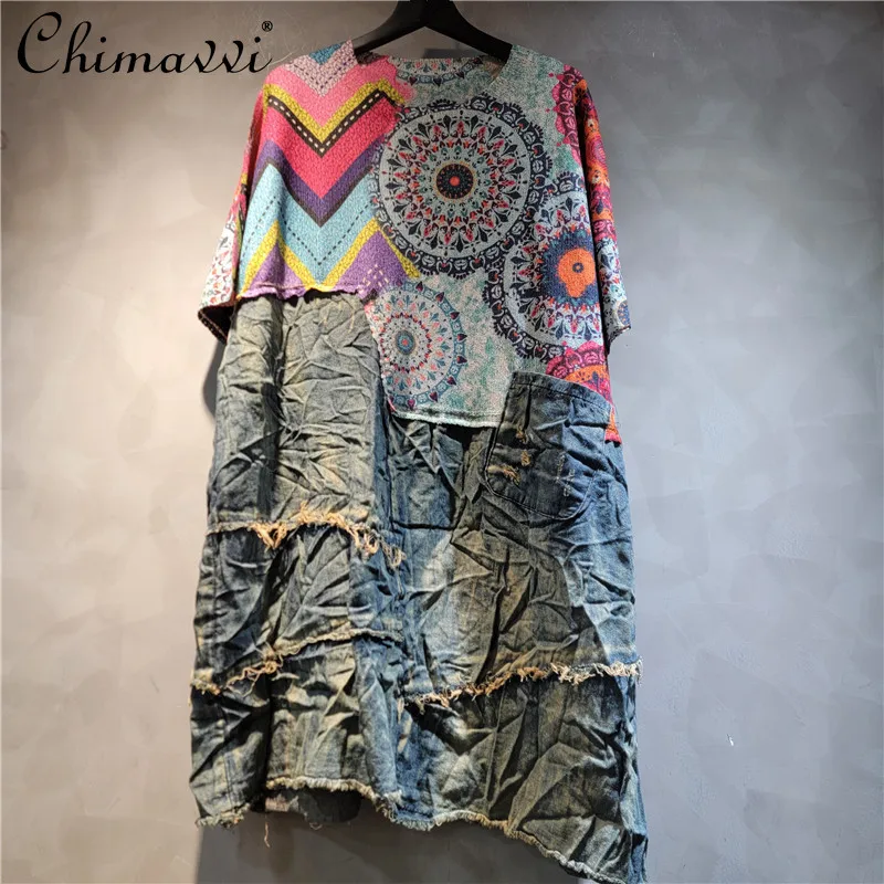 

European Knitted Printed Denim Splicing Summer Loose Casual A-Line Dress For Women
