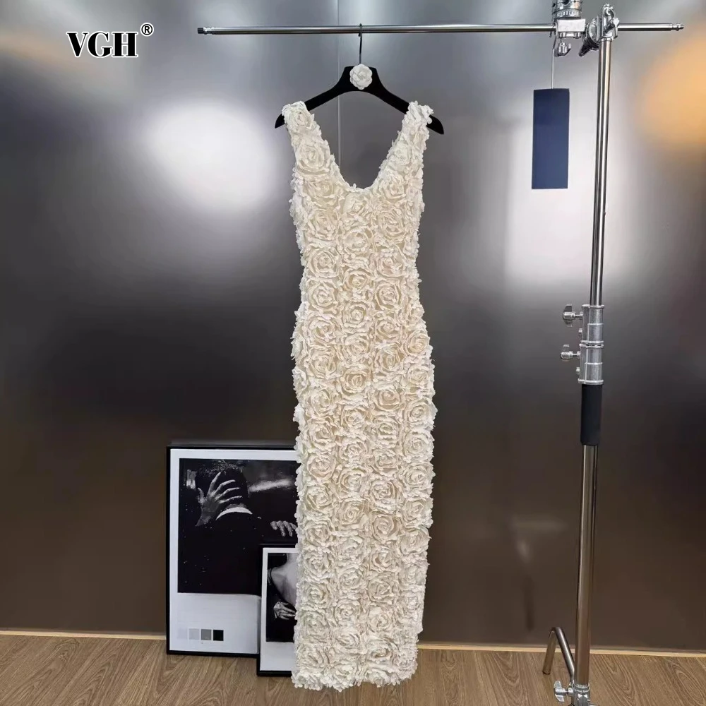 

VGH Spliced 3D Rose Sexy Evening Dress for Women V Neck Sleeveless High Waist Backless Luxury Ceremony Long Dresses Female New