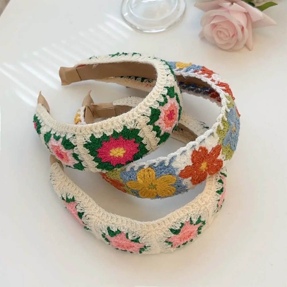 Small Fresh Colorful Embroidered Weaving Headband Girls Show Off Face Small Flower Versatile Wide Edge Headband Hair Accessories