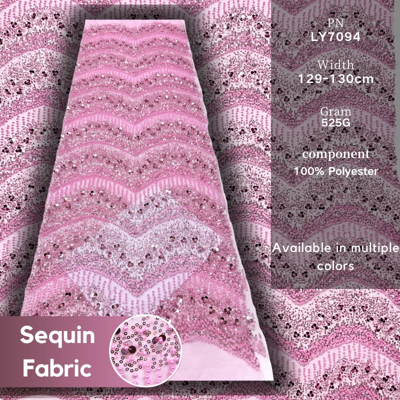 

Simple Pink Mesh Lace Fabric Wave Pattern Embroidery Pearl Beaded Tulle Lace High Quality For sewing Prom Gown By 5 yards