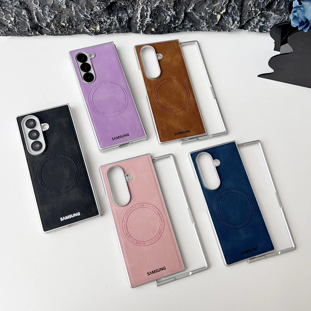 

Luxury Military Armor Leather For Magsafe Wireless Charging Phone Case For Samsung Z Fold 7 6 5 4 3 Anti Drop Shockproof Cover