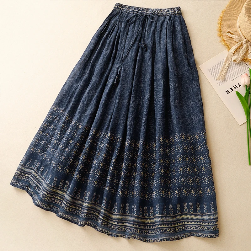 

Double Layer Casual Printed Women's Skirt Loose Elastic Waist A-Line Summer New Arrival Pure Color Floral Cotton Blend Skirt