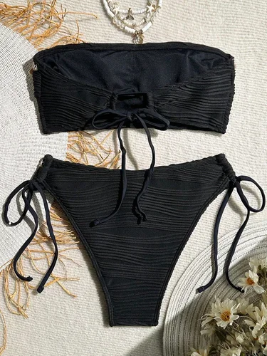 Imagen 2 del producto XS - XL Bandeau arrugado Bikini de corte alto traje de baño para mujer traje de baño femenino conjunto de Bikini de dos piezas bañista de concha traje de baño nadar