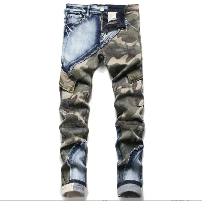 New European and American Men's Slim-fit Stretch Camouflage Spliced Color-blocking Personalized Fashionable Skinny Jeans.