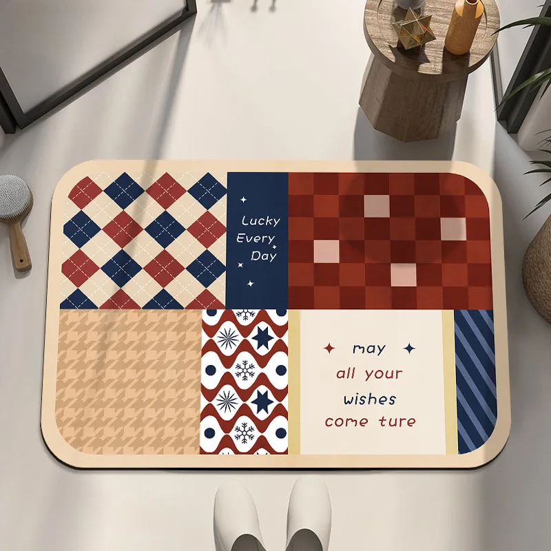 Vintage Geometric Patchwork Carpet Lucky Quote Rug Door Mat with Diamond Patterns for Home Decoration Entryway Floor Mat