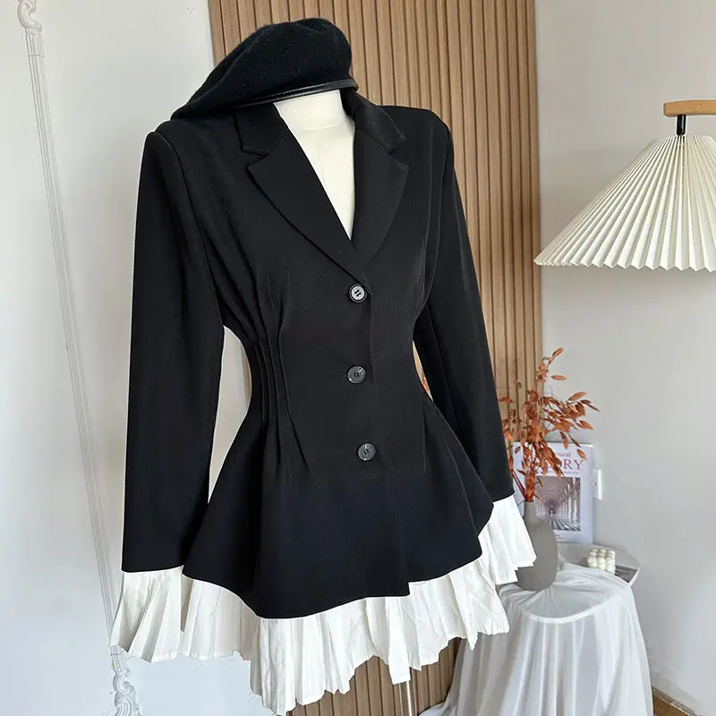 Black mini suit jacket for women in spring and autumn, new Korean style loose casual flip sleeve fashionable suit top for women