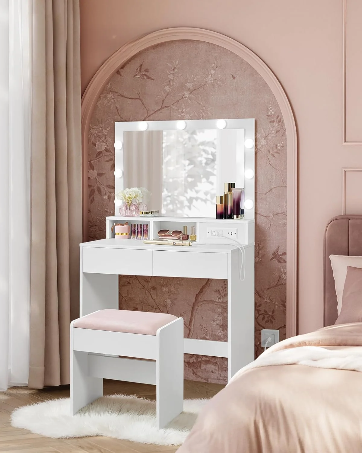 

Vanity Desk with Power Outlets, Makeup Vanity with Mirror and Lights, with Upholstered Vanity Stool, 9 Dimmable LED Lights