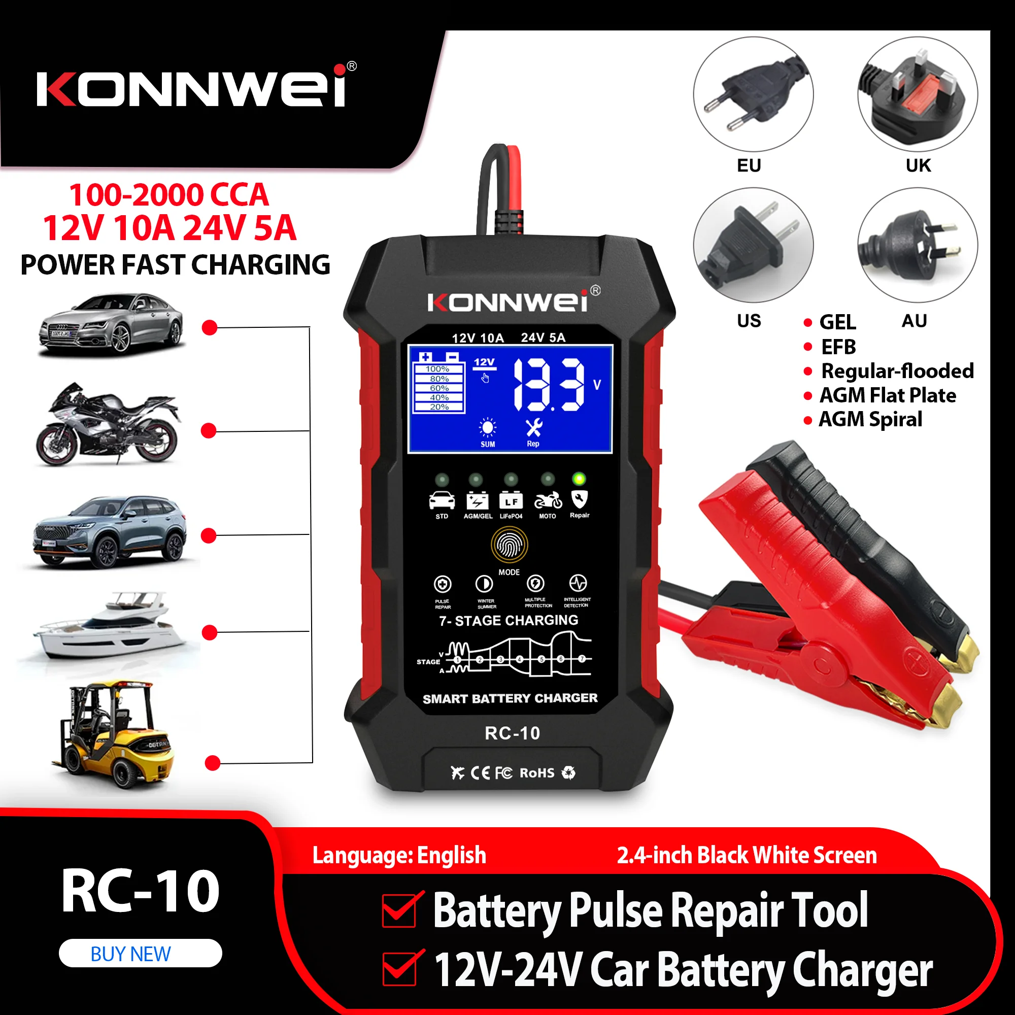 

2026 KONNWEI RC-10 Car Battery Charger 12V 10A 24V 5A Full Automatic Fast Charging Pulse Repair BatteryCharger Lead Acid AGM Gel