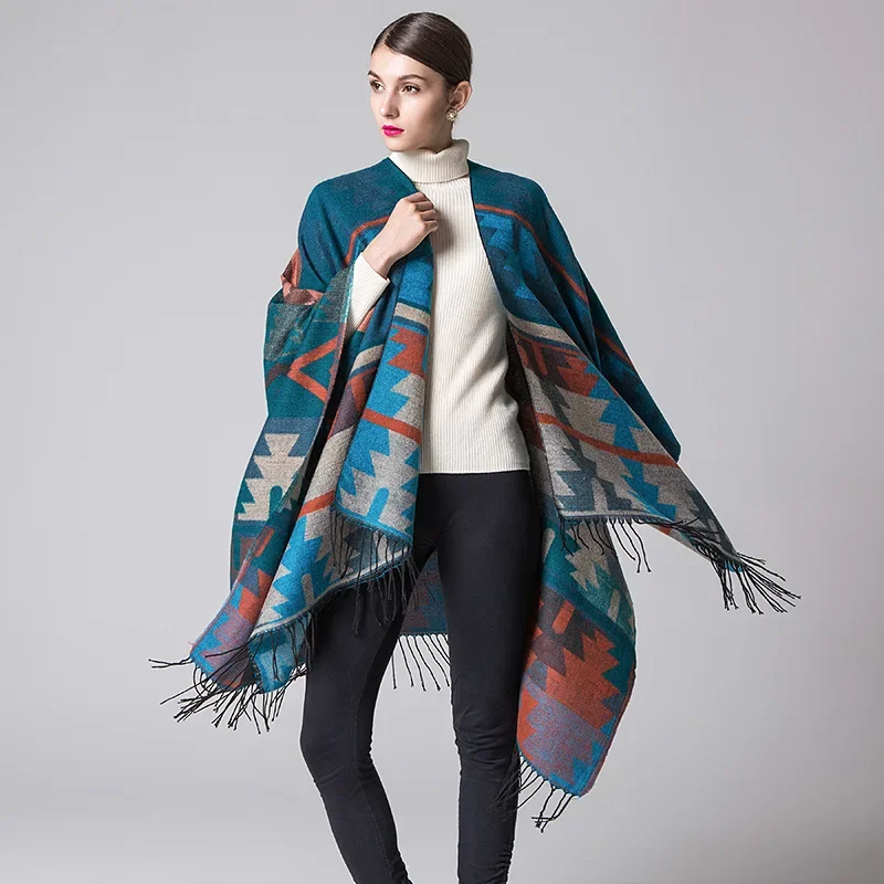 

Autumn Winter Indian Geometric Diamond Lengthened Thickened Cashmere Imitation National Style Travel Fork Cape Ponchos Capes 3