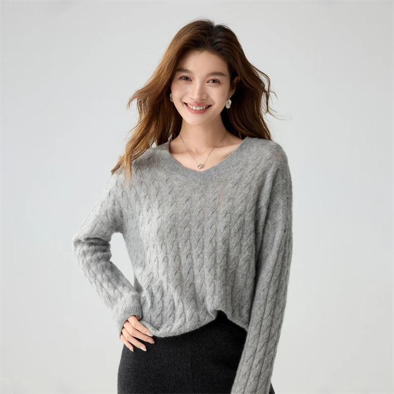 Women's Pullover Knit Clothing Mulberry Silk Cashmere V-Neck Twist Flower Sweater Autumn Winter Sweet Style Soft Loose Pullover