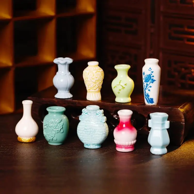 9Pcs Mini Antique Vase Resin Ornament Vintage Porcelain Style Vase Model Decor For Dollhouse Landscape Scene Desktop DIY Crafts