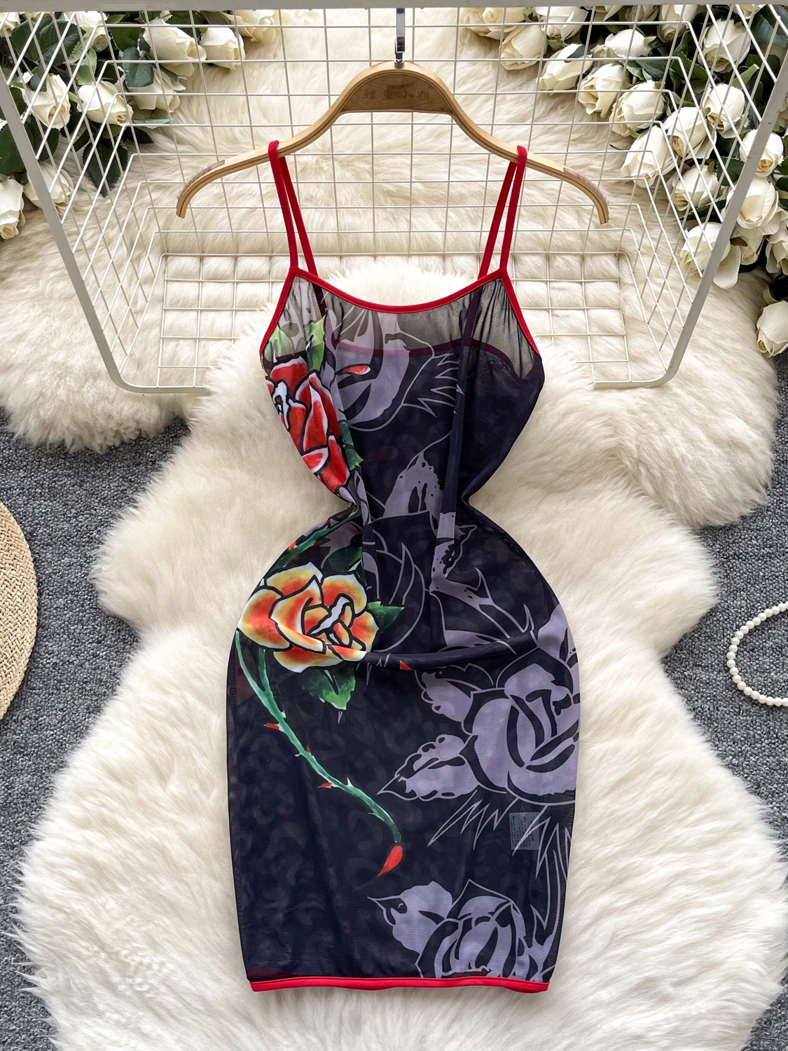 

Gagaok American Retro Dresses Women Spicy Girl Printed Suspender Dress 2025 Summer Mesh Thin Slim Fit Bodycon Vestidos Clothes