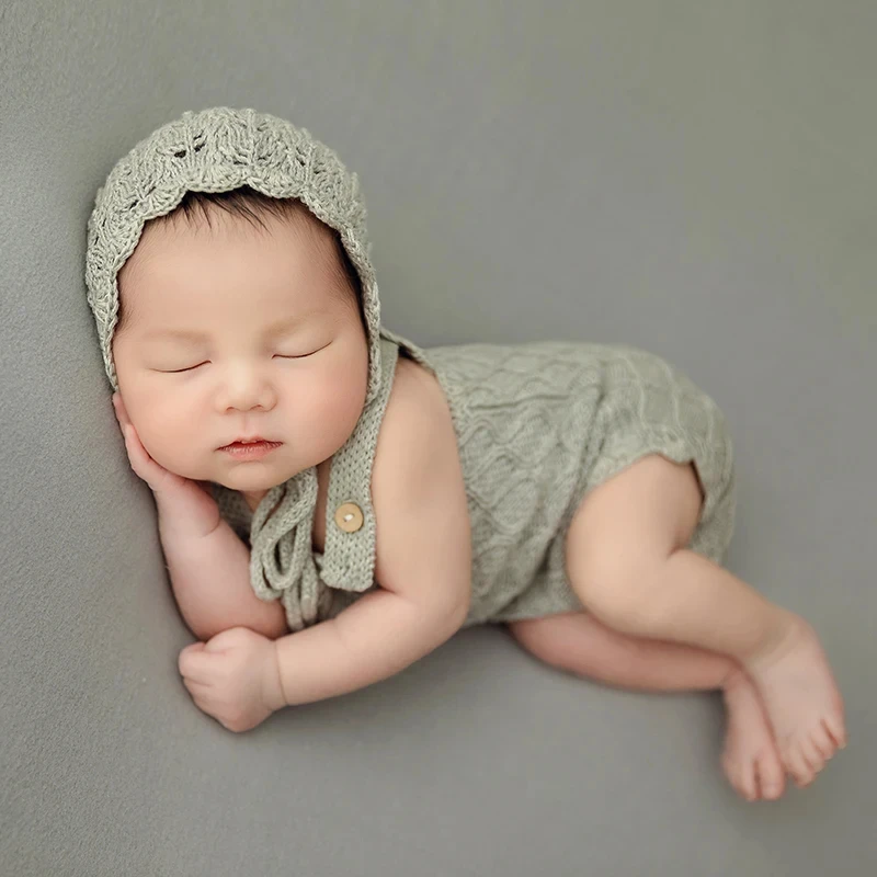 Roupas para fotografia de recém-nascidos, macacão macio de malha para foto de bebê, conjunto de chapéu para estúdio de bebê menina, chapéu de renda, acessórios de roupa