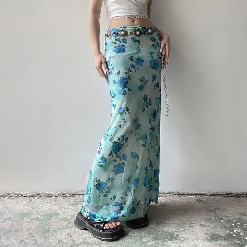 Vintage plaid floral low waist knitted mesh skirt temperament slimming and hip lifting A-line long skirt