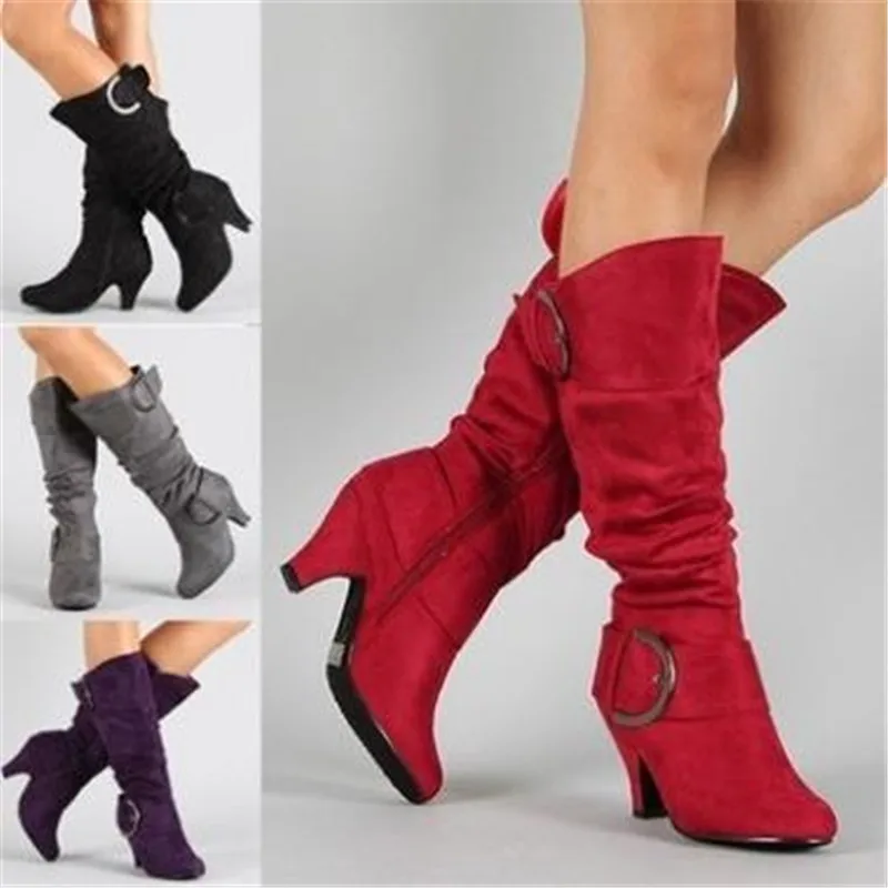 Women's Winter Boots 2023 Fashion Sexy Lady mid-calf Boots High Heels Faux Suede Buckle Short Boots Plush Snow Boots Women