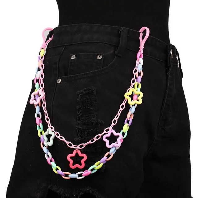 KMVEXO Hip Hop Rainbow Resin Chain Keychain Women Girl Cute Waist Chain Multicolor Acrylic Hollow Star Trousers Chain Y2K Jewery