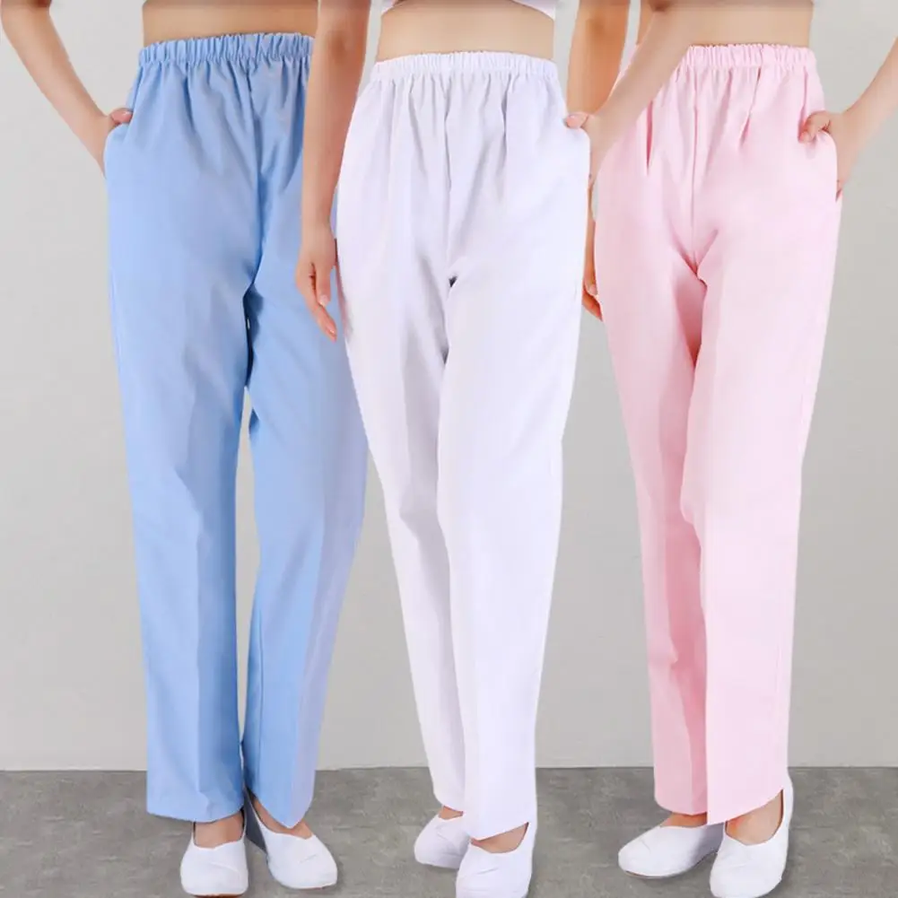 Comfort Elasticated Waist Doctor Pants Women White Pink Blue Nurse Dress Nurse Pants Loos Work Pants Wide Leg Long Trousers 2024