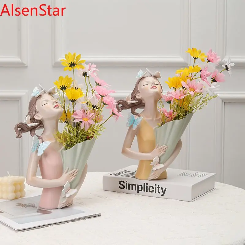 

Nordic Flower Girl Art Vase Ornaments Creative Living Room Dining Table Porch TV Cabinet Home Flower Arrangement Decoration