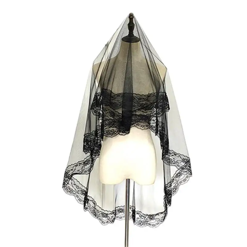 

39BB Фата для невесты Изысканный тюлевой платок Кружевная черная вуаль для девичника