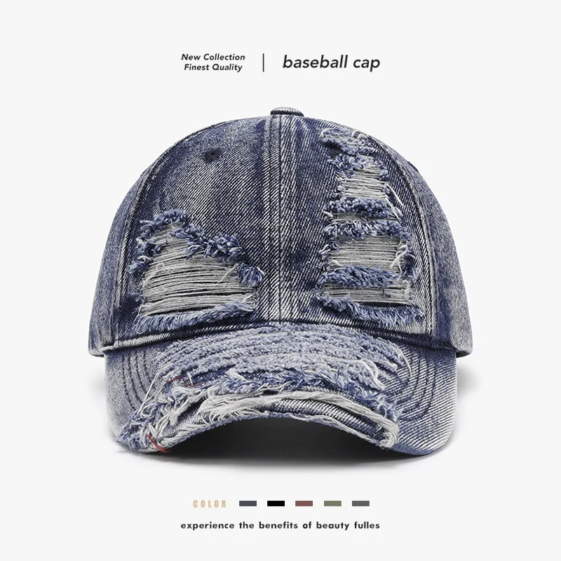 Men's Distressed Denim Baseball Cap with Large Head Circumference for Outdoor Travel and Spring/Autumn