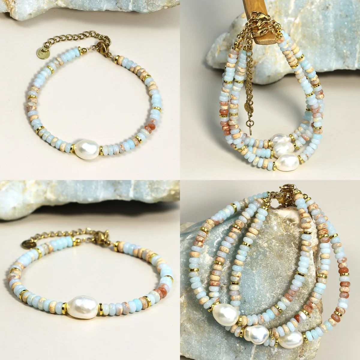 Minimalist Beaded Bracelet for Women – Natural Shoushan Stone & Freshwater Pearl Jewelry, Boho Chic Handmade Accessory