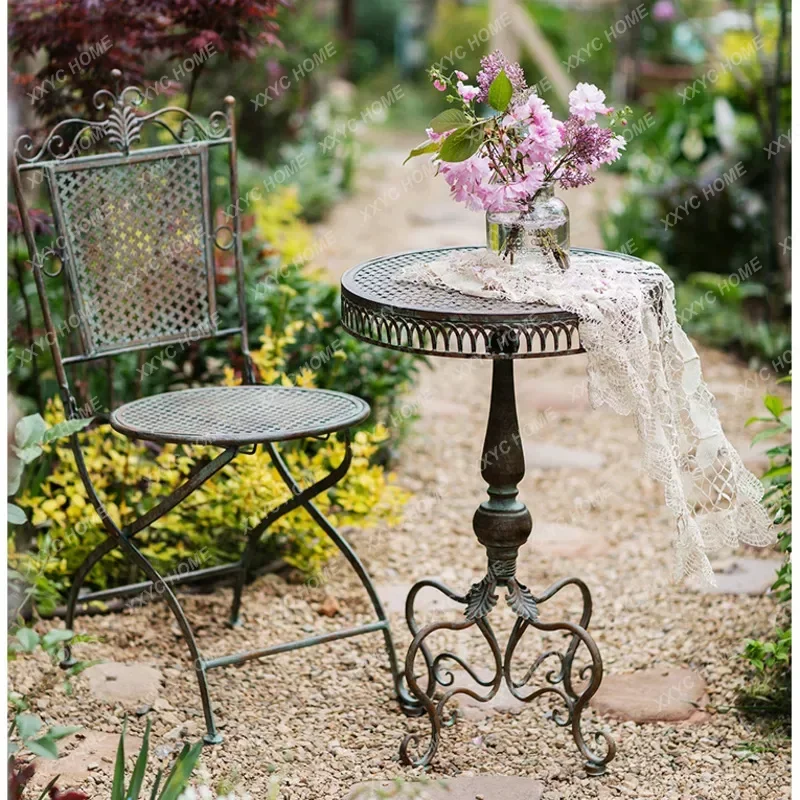 European Retro Coffee Table Courtyard Iron Terrace Desk Hollowed Out Lace Garden Furniture Exquisite Durable Tables And Chairs