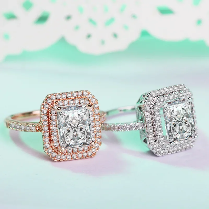 Fashion New Luxury Female Large block Jewelry Micro Inlaid Square Princess Cz Crystal 925 Silver Ring Aneis Wedding Ring