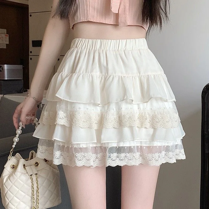 Kawaii Cute Ruffle Skirt Women White Mini Skirts Lace Patchwork Sweet A-line Korean Fashion Summer Y2k Skirt