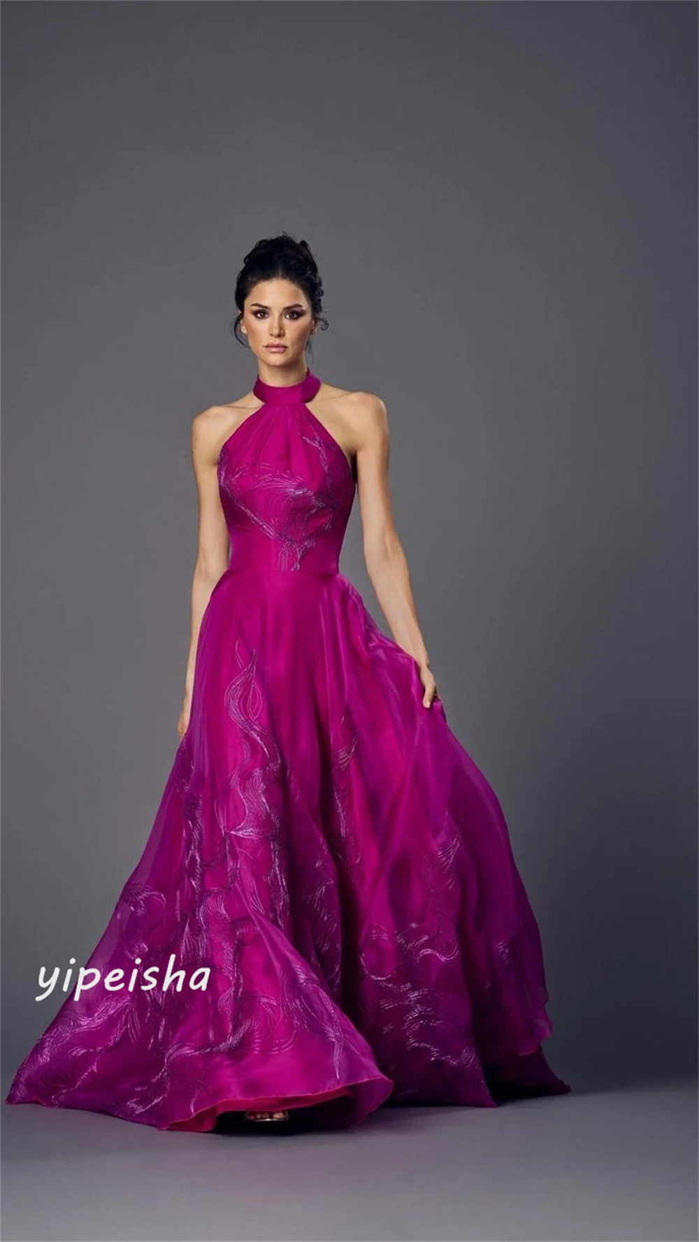 Chiffon Applique Ruched Valentine's Day A-line Halter Bespoke Occasion Gown Long Dresses