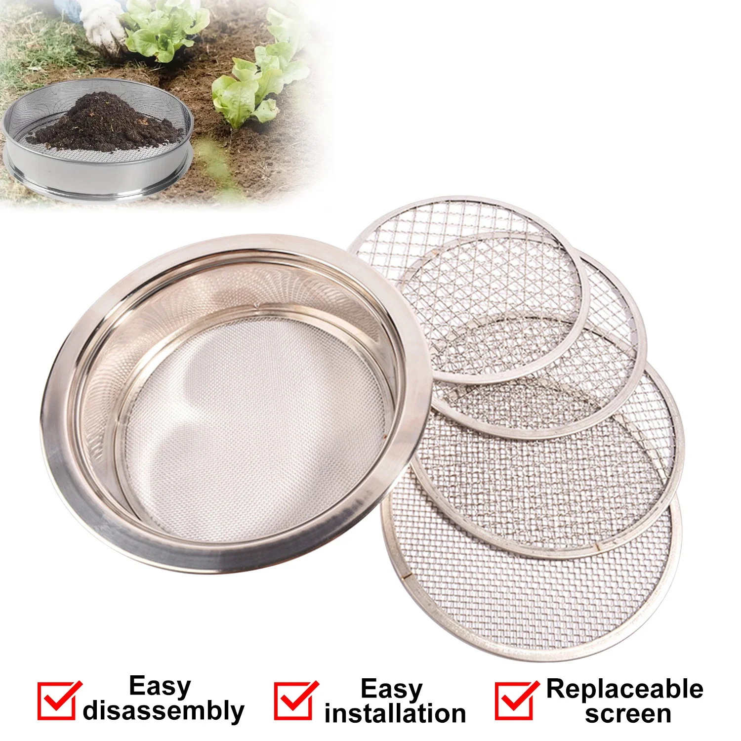 Gardening Soil Sieve 1/3/6/9/12mm Mesh Hole Stainless Steel Screen Sifter for Compost Sand Bonsai Potting Soil Filtering Remove