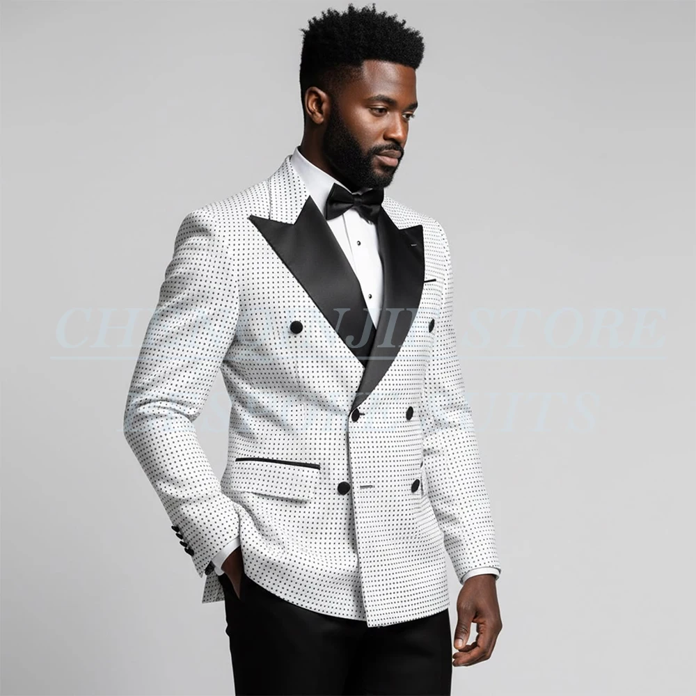 

Модный мужской вечерний костюм: пиджак в белый горошек с черными брюками, высококачественный двубортный пиджак, высококачественная одежда