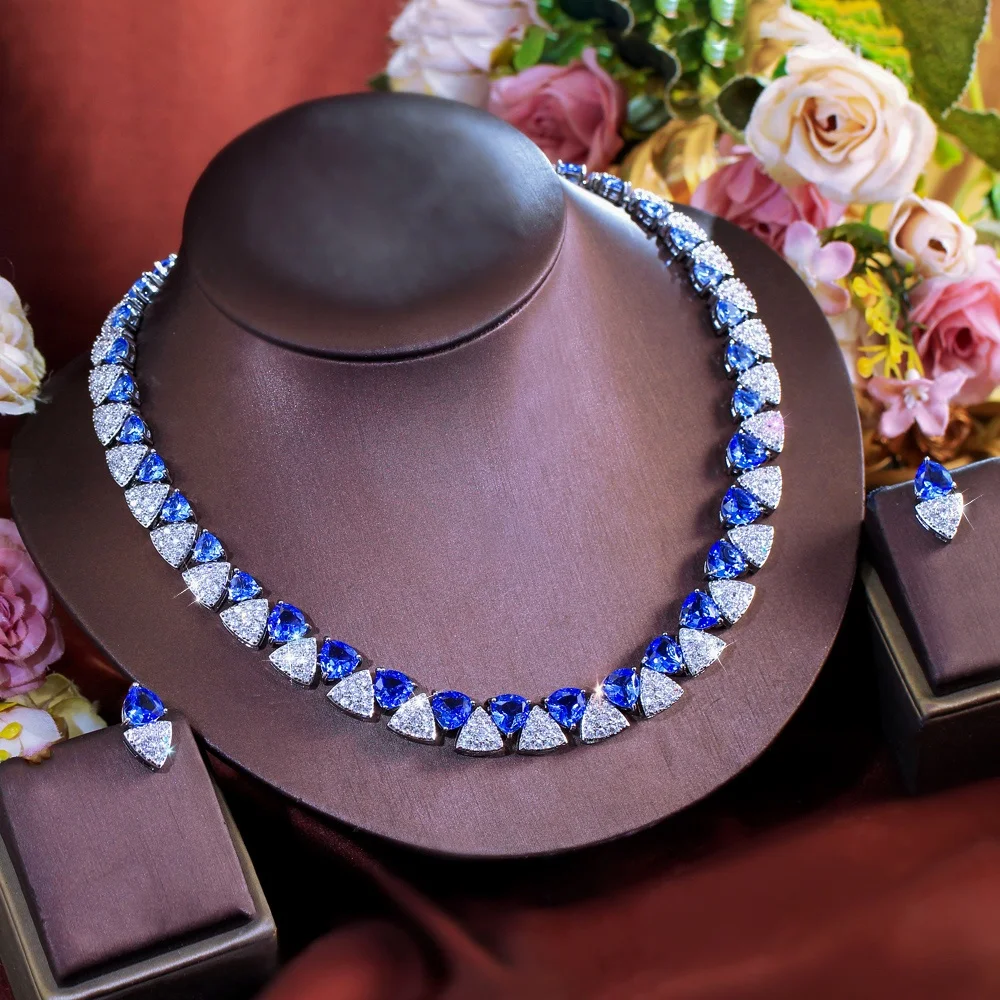 

Pera Excellent Quality Blue Tanzanite and CZ Triangle Shape Choker Necklace Earrings for Women Wedding Decor Jewelry J398