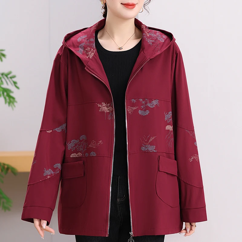 Middle Aged Woman Jackets Hooded Oversized Outerwear Spring Autumn Plus Size Women's Clothing