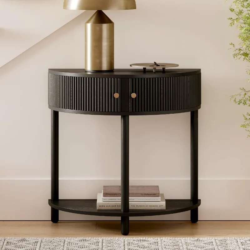 home.Fluted Half Moon Console Table - Small Entry - Solid Wood Entryway Table with Two Doors and Brass Knobs (Black)