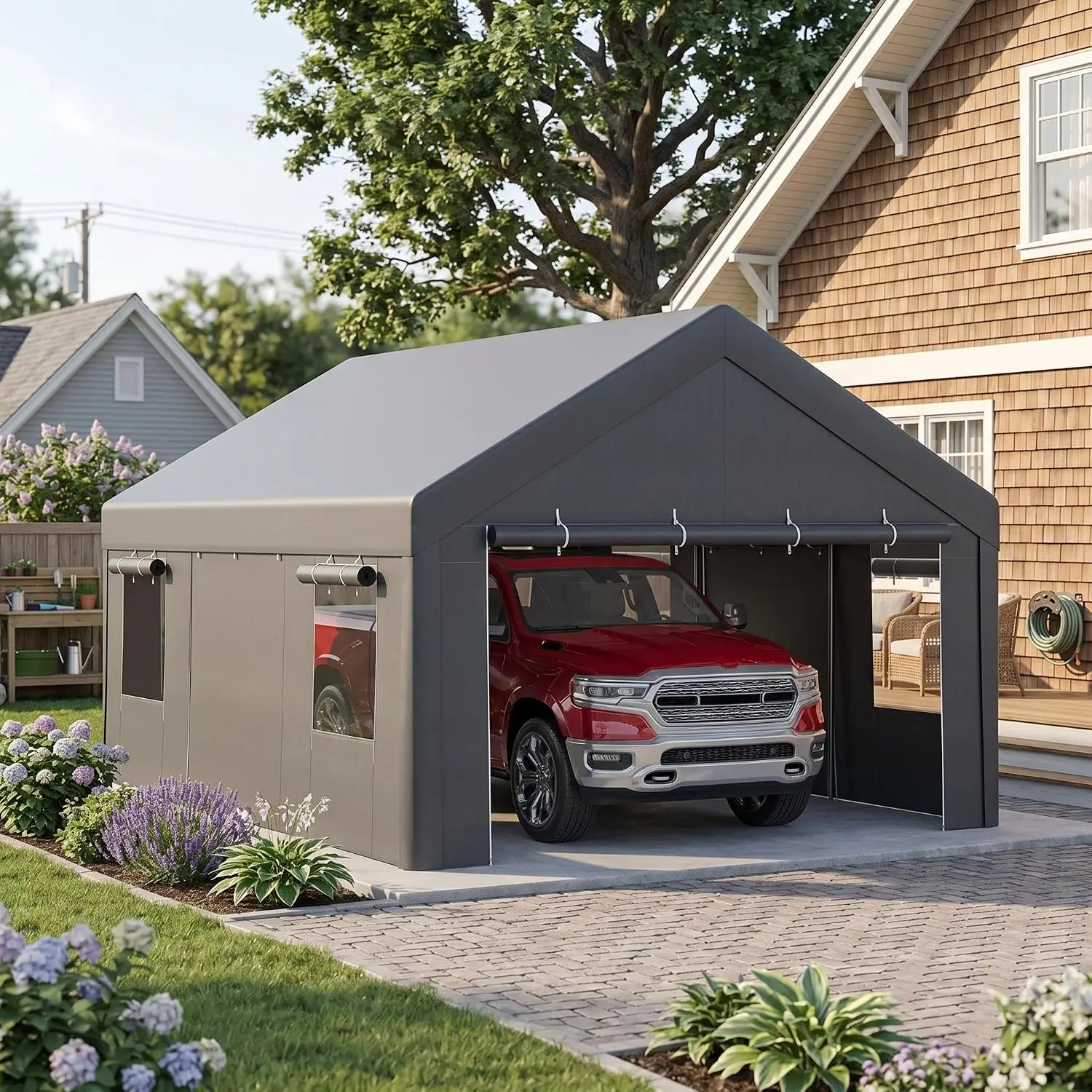 Gray 12x20 FT Portable Carport Tent – Heavy Duty Weatherproof Garage with 4 Roll-Up Doors & 4 Mesh Windows, 140g PE Tarp for Cars, Trucks, Boats, RVs