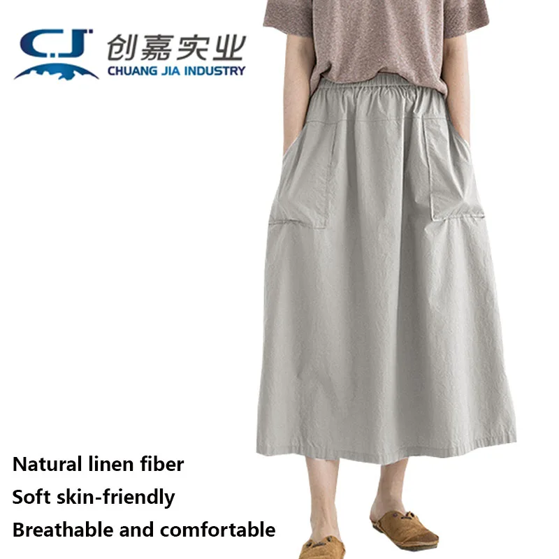 Linen Spring Summer Women's Half Skirt Black Elastic Waist Large Pockets Casual Comfortable Skirt loose Clothing for Young Girls