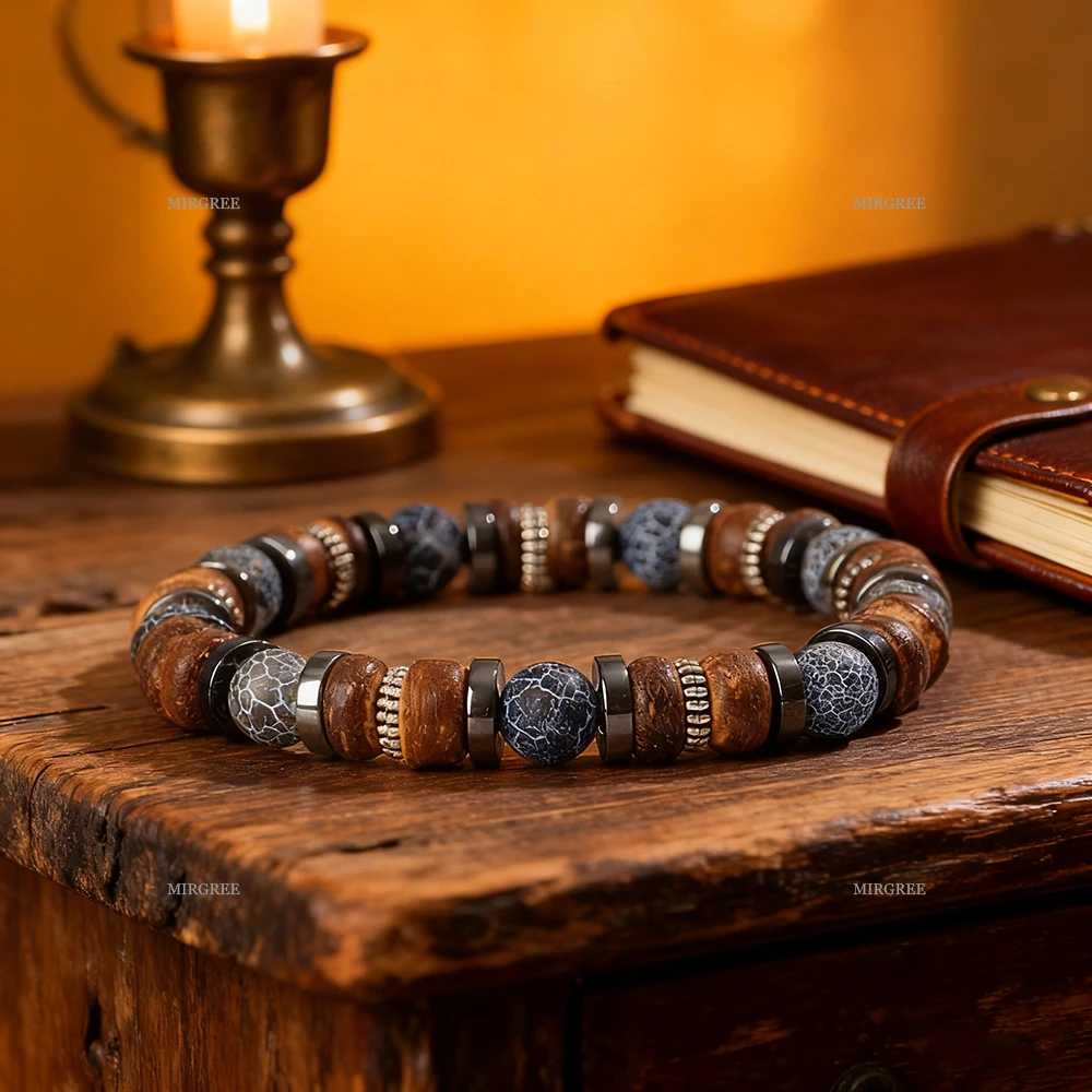 1 قطعة سوار خشبي من الحجر الطبيعي للرجال ، نمط متين ، مجوهرات عصرية ، عرض سحر الذكور الناضجة في مشاهد خارجية #4